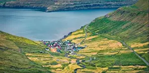 Eysturoy Prints: View from flying drone. Splendid morning view of Funningur village