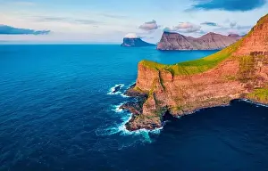 View from flying drone. Splendid sunset on Kallur Lighthouse