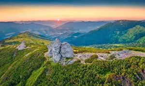 View from flying drone of strange shapes stone on the Vuhatiy Kamin mountain range