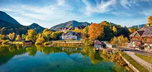 View from flying drone. Stunning morning scene of Grundlsee village and lake