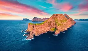 View from flying drone. Stunning sunset on Kallur Lighthouse
