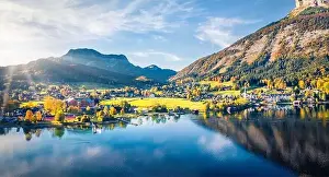 Village House Prints: View from flying drone. Sunny autumn view of Altaussee village