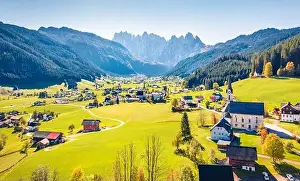 Catholic Christianity Prints: View from flying drone. Sunny morning scene of Evangelische Pfarrgemeinde A