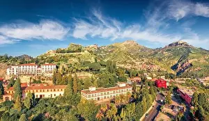 Taormina Prints: View from flying drone. Sunny morning view of Taormina town