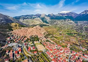 View from flying drone. Sunny spring afternoon in Morano Calabro town