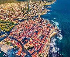 Bay City Prints: View from flying drone. Sunny summer cityscape of Alghero port
