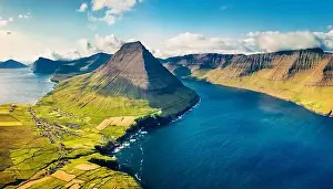 Faroe Island Prints: View from flying drone. Sunny summer scene of Vidareidi village