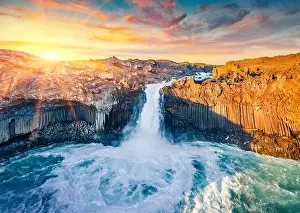 Powerfull Prints: View from flying drone. Sunny summer sunset on Aldeyjarfoss waterfall