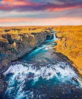 Powerfull Prints: View from flying drone. Sunny summer sunset on Ingvararfoss waterfall