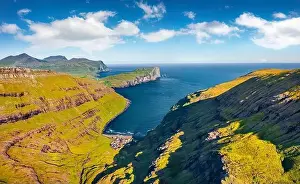 Faroe Island Prints: View from flying drone of Tjornuvik village with Eidiskollur cliffs on background