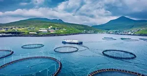 Vagar Prints: View from flying drone. Trout farm nearby Sandavagur village