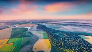 Sublime Prints: View from flying drone of Ukrainian countryside with field of wheat