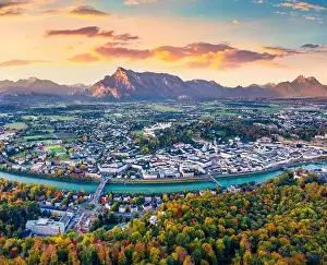 Street House Prints: View from flying drone. Unbelievable morning cityscape of Salzburg