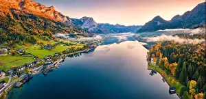 Grundlsee Prints: View from flying drone. Unbelievable morning scene of Grundlsee lake