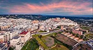 View from flying drone. Unbelievable spring sunrise in Ostuni town