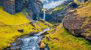 Majestic Mountain Prints: View from flying drone. Yellow grass on the hills on Kvernufoss watterfall