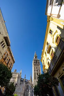 Seville Prints: View of the Giralda tower in Plaza Virgen de Los​ Reyes seen from Calle Mateos Gogo in the Santa Cruz district of