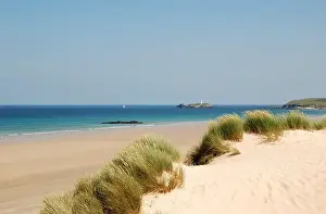 a view towards godrevy lighthouse from upton towans near hayle in cornwall, uk