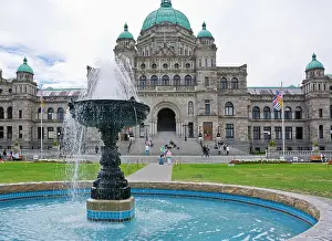 Provincial Prints: View of front grounds and fountain of the British Columbia Parliament Buildings in Victoria BC Canada