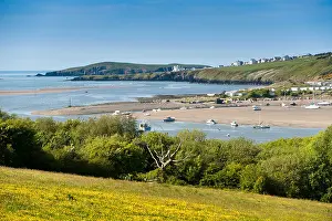 Inlet Prints: A view Gwbert village on the cliffs near mouth of the Teifi river estuary Cardigan Bay coast west wales UK
