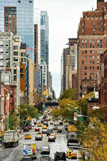 Chelsea Prints: View from the High Line, Street traffic and buildings in Chelsea, New York, USA