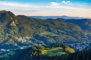 Mountain Town Prints: View from high rock to old village Smolyan with green meadows for cattle walking and houses