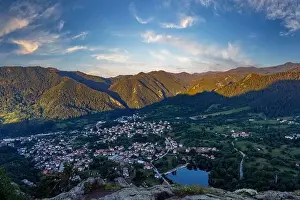 Mountain Town Prints: View from high rock to old village Smolyan with green meadows for cattle walking and houses