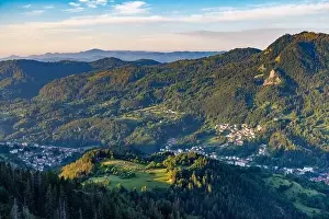 Mountain Town Prints: View from high rock to old village Smolyan with green meadows for cattle walking and houses