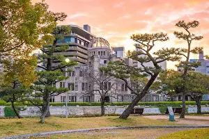 Hiroshima Prints: View of Hiroshima skyline with the atomic bomb dome. UNESCO World Heritage Site in Japan