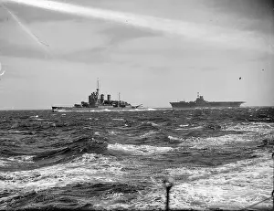 Maneuver Prints: View from HMS Sheffield showing the battlecruiser HMS Renown with aircraft carrier HMS Ark Royal following astern
