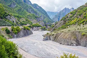 Cataract Prints: View over Lahich river bed torrent and vertical rocks in summer, Azerbaijan