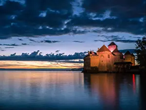 Geneva Prints: A view across Lake Geneva to Chateau de Chillon castle in Vaud Switzerland