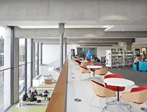 Group Of Prints: View from library mezzanine to cafeteria