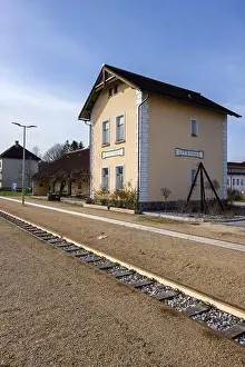 Lower Austria Prints: View of the Litschau train station building with its tracks and platform in Lower Austria