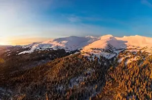 Hill Glacier Prints: Top view of a magical view of a mountain winter forest with thick fir trees and hills in a beautiful pink winter sunset