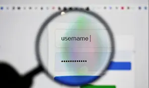 Enlargement Prints: View through a magnifying glass on login page screen with username and password box in internet browser