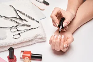 Manicure Prints: top view of manicure tools set for nail care over light background - brush