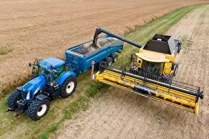 Harvester Prints: top view of a modern combine harvester pouring rapeseed in a tractor dump
