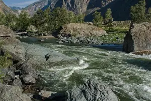 Siberia Prints: View of the mountain river Chulyshman in the afternoon in Altai. Russia. Travels. Tourism