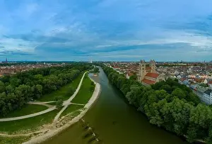 Colour Photo Prints: View over Munich with the Isar river, authentic from above, barvaria, Germany