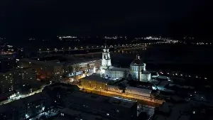 Skyline Tower Prints: Top view of night city with glowing church