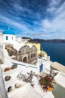View of Oia the most beautiful village of Santorini island in Greece during summer. Greek landscape, adventure summer holiday