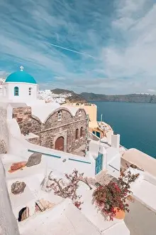 View of Oia the most beautiful village of Santorini island in Greece during summer. Greek landscape, adventure summer holiday