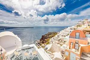 View of Oia the most beautiful village of Santorini island in Greece during summer. Greek landscape, adventure summer holiday