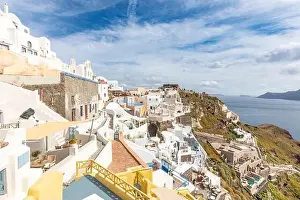 View of Oia the most beautiful village of Santorini island in Greece during summer. Greek landscape, adventure summer holiday
