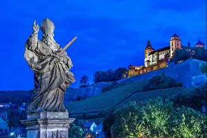 Local Landmark Prints: View from Old Main Bridge to Fortress Marienberg, Wuerzburg, Franconia, Bavaria, Germany