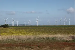 Turbine Prints: View of an onshore wind farm surrounded by farmland at Romney Marsh, Kent, UK
