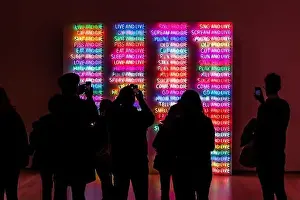 A back view of people taking photos of illuminated neon signs at a museum in New York