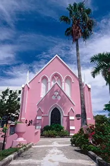 Front View of a Pink Church with Palm Tree St Andrews Church Hamilton Bermuda
