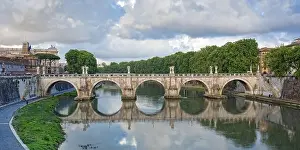 Stone Material Prints: View of the Ponte Sant'Angelo - bridge with beautiful reflections on the Tiber river